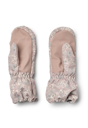 Par de manoplas rosas con estampado floral, con zonas de palma lisa rosa texturizada y puños elásticos, colocadas planas sobre un fondo blanco.