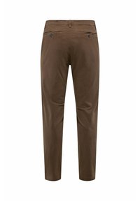 Pantaloni marroni leggeri con una vestibilità dritta, dotati di tasche posteriori con bottoni e una texture liscia.