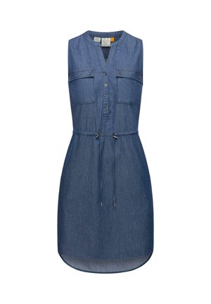 Denimkjole med ermeløs design, knappelukking, to brystlommer, justerbar snøring i midjen og rund nederkant.