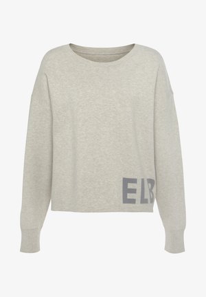 Light gray oversized sweater with a round neckline, ribbed cuffs, and a printed "ELB" design in dark gray at the hem. Soft texture.