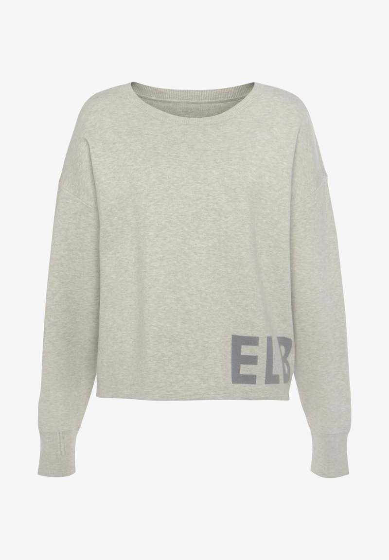 Maglione oversize grigio chiaro con colletto rotondo, polsini a coste e una stampa "ELB" in grigio scuro all'orlo. Tessuto morbido.