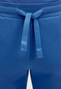 Blauer Bund eines Sweatpants mit flachem, gebundenem Kordelzug aus gewebtem Stoff und geripptem elastischem Band.