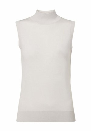 Mouwloze crèmekleurige gebreide trui met nepcol en geribde zoom, afgebeeld tegen een witte achtergrond.