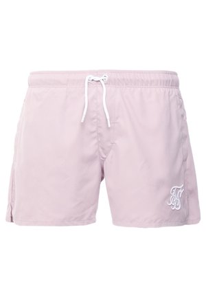 Hellrosa Herren-Badeshorts mit weißem Kordelzug und kleinem weißem gesticktem Logo am unteren linken Bein.