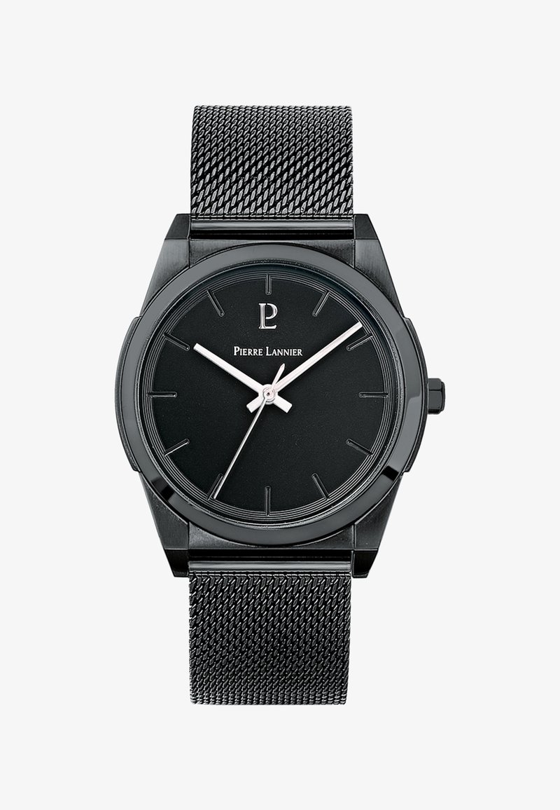 Sort rustfrit stål ur med et struktureret mesh-bånd, minimalistisk sort urtavle, sølvfarvede time- og minutvisere samt et fremtrædende logo kl. 12.