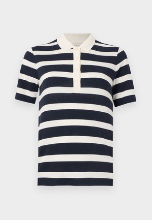 Polo à manches courtes à rayures horizontales bleu marine et blanc avec col blanc et patte à quatre boutons.