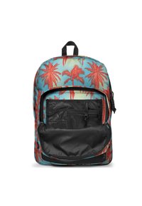 Zaino con base turchese e motivo di palme rosse, con tasca interna nera e manico superiore per il trasporto. Chiusura con zip.