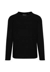 Schwarzes Langarm-T-Shirt aus weichem Material. Es verfügt über einen Rundhalsausschnitt und einen geraden Schnitt, mit einem schlichten Design und ohne sichtbare Muster.