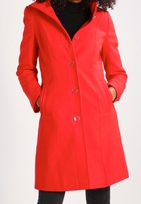 Manteau rouge à boutons sur le devant, coupe ajustée, avec deux poches avant. Il est doté d'une capuche et de coutures décoratives pour une meilleure tenue. Tissu à texture lisse.