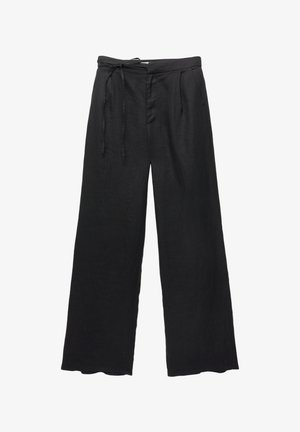 Schwarze, weit geschnittene Hose mit elastischem Taillenbund, subtiler Textur und Faltendetails, gefertigt aus einem leichten Stoff.