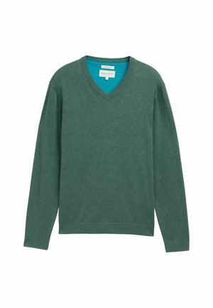 Maglione verde a scollo a V realizzato in tessuto morbido. Maniche lunghe con polsini a costine, presenta un colletto interno blu a contrasto. Design semplice.