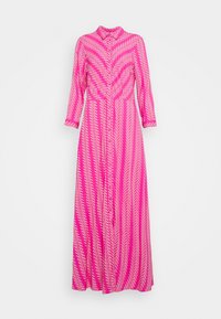 Long pink dress featuring a herringbone pattern in white, with a collared neckline and long sleeves. Flowy material.