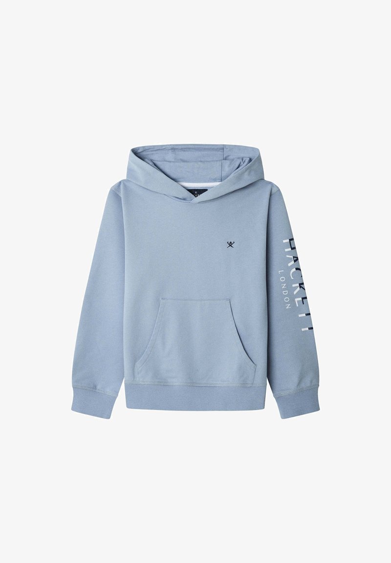 Felpa blu chiaro realizzata in tessuto morbido con una tasca frontale. Presenta un cappuccio con cordino e testo bianco sulla manica.