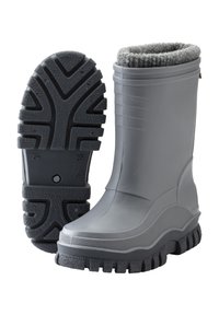 Gray rain boots with a textured rubber exterior, thick traction sole, and a soft gray fleece lining around the top edge.