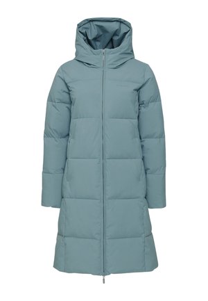 Langer, kapuzenförmiger Daunenmantel in Hellblau. Mit durchgehendem Reißverschluss, kastig gesteppter Design und mittellanger Säume. Glattes, wasserabweisendes Material.