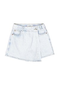 Lichtblauwe denim rok met een comfortabele pasvorm, voorzien van voorzakken, een knoopsluiting aan de voorkant en een vervaagde textuur.