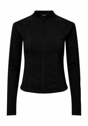 Fekete, cipzáros, hosszú ujjú dzseki álló gallérral és kontrasztos varrással a textúráért. Sima, rugalmas anyagból készült.