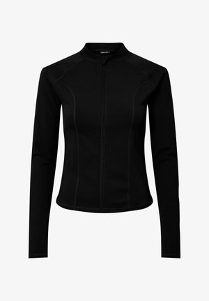 Černá bunda na zip s dlouhými rukávy, s límcem stojáčkem a kontrastním prošitím pro texturu. Vyrobená z hladké, pružné látky.