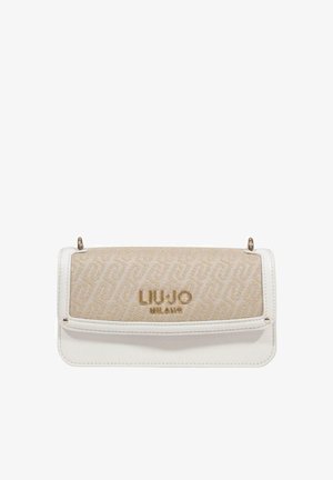 Borsa bianca con base in pelle morbida e patta in tessuto beige con motivo strutturato; evidenti accenti dorati con logo.