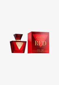 Bottiglia di profumo in vetro rosso con un tappo a forma di diamante accanto a una scatola rossa abbinata con testo dorato e motivi geometrici. Dimensione di 50 mL.