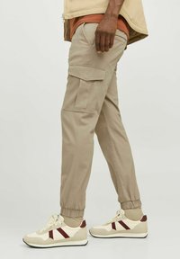 Khaki cargo pants with elastic cuffs and side pockets, paired with beige and maroon retro-style sneakers. Smooth, durable fabric texture.