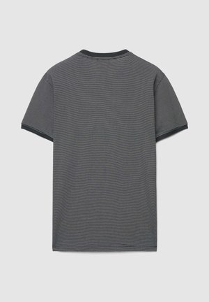 Short-sleeve T-shirt in dark gray with white horizontal stripes, featuring a round neckline and contrasting dark gray trim on sleeves and collar.