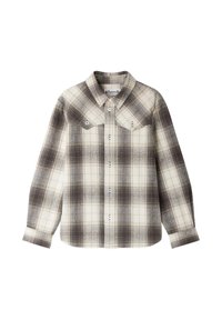 Camicia a maniche lunghe con motivo a quadri marrone e crema, due taschini con bottone sul petto e colletto a punta.