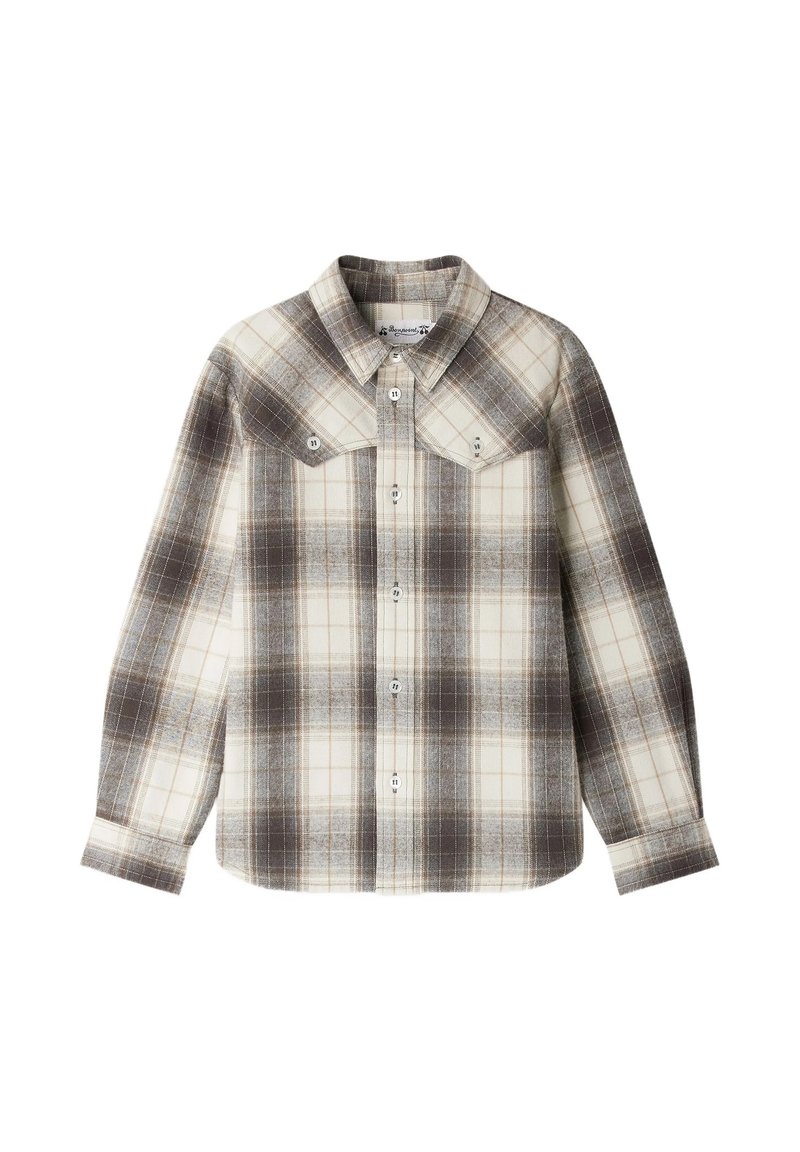 Camicia a maniche lunghe con motivo a quadri marrone e crema, due taschini con bottone sul petto e colletto a punta.