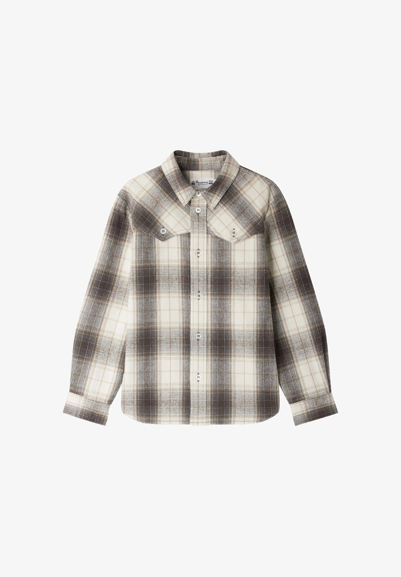 Langsleeve knoop-overhemd met een bruin en crèmekleurig ruitpatroon, twee knoopzakken op de borst en een puntige kraag.