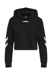 Felpa cropped nera realizzata in tessuto morbido, con logo frontale, cappuccio con cordino e dettagli a chevron bianchi sulle maniche.