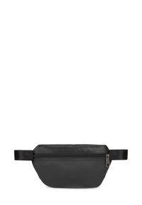 Borsetta nera con zip, realizzata in tessuto liscio, con una forma rettangolare strutturata e una tracolla in tessuto per un trasporto sicuro.
