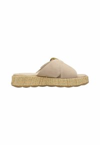 Sandale beige à enfiler avec larges brides croisées, semelle plateforme à texture jute et semelle en caoutchouc, vue de côté sur fond blanc.