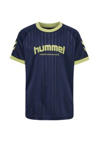 Mörkblå sporttröja av mjukt tyg, med vertikala ränder, ljusgrön krage och detaljer samt "hummel"-logotyp i fet stil.