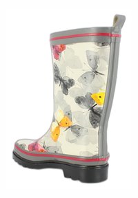 Gepersonaliseerde rubberen regenlaars met een kleurrijk vlinderontwerp, grijze rand en een gestructureerde zwarte zool voor grip. Geschikt voor natte omstandigheden.