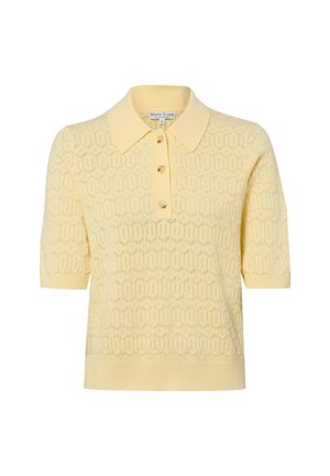 Hellgelbes kurzärmeliges Strickpoloshirt mit geometrischem Lochmuster, drei Knöpfen und geripptem Kragen, Bündchen und Saum.