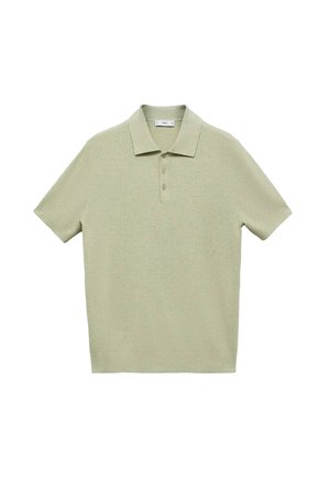 Lichtgroen poloshirt van ribstof, met een kraag, een knoopsluiting met drie knopen en korte mouwen. Geen zichtbare patronen of accenten.