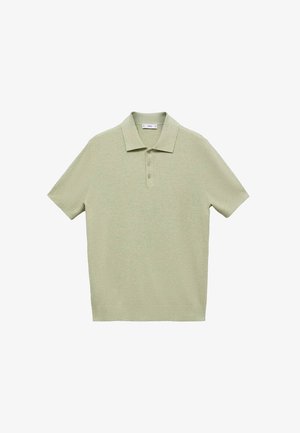 Lichtgroen poloshirt van ribstof, met een kraag, een knoopsluiting met drie knopen en korte mouwen. Geen zichtbare patronen of accenten.