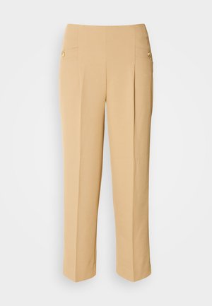 Beige tailored trousers with a textured finish, featuring two front pockets and decorative gold buttons on the sides. Straight-leg design.