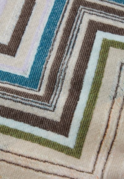 Textile with zigzag pattern in beige, blue, green, and brown hues. Features a soft texture and distinct, layered design.