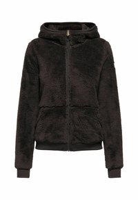 Brun fleece hættetrøje med lynlås og to forlommer, ribstrikkede ærmer og kant, med en blød tekstur og afslappet pasform.