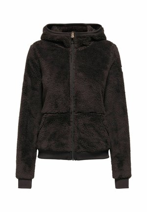 Veste à capuche en polaire marron avec fermeture éclair, deux poches avant, poignets et ourlet côtelés, présentant une texture douce et une coupe décontractée.
