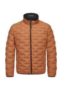 Padded Jacke in verbranntem Orange mit hohem Kragen, Frontreißverschluss und seitlichen Taschen. Verfügt über eine gesteppte Textur und kontrastierende schwarze Akzente.
