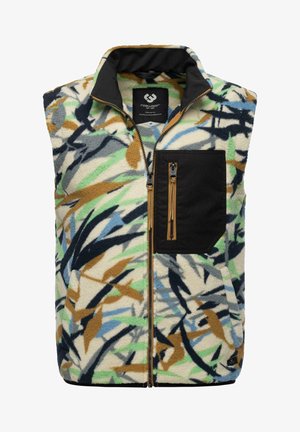 Villane vest, millel on mitmevärviline lehepildistus, musta tõmbluku tasku ja kontrastne must krae. Ees on tõmblukuga kinnitamine.