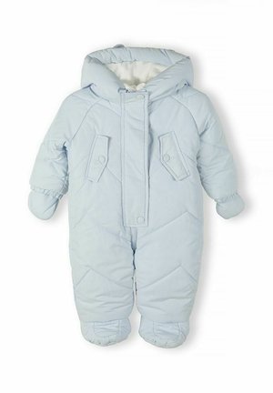 Ljusblå vadderad vinteroverall för spädbarn med huva, tumvantar fästa på ärmarna och tryckknapplådor på bröstet.