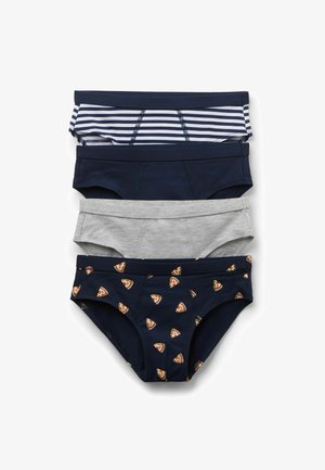 Cuatro pares de ropa interior femenina: rayas azul marino, azul marino sólido, gris y azul marino con patrón de pizza. Hechos de una mezcla de algodón suave y elástica.