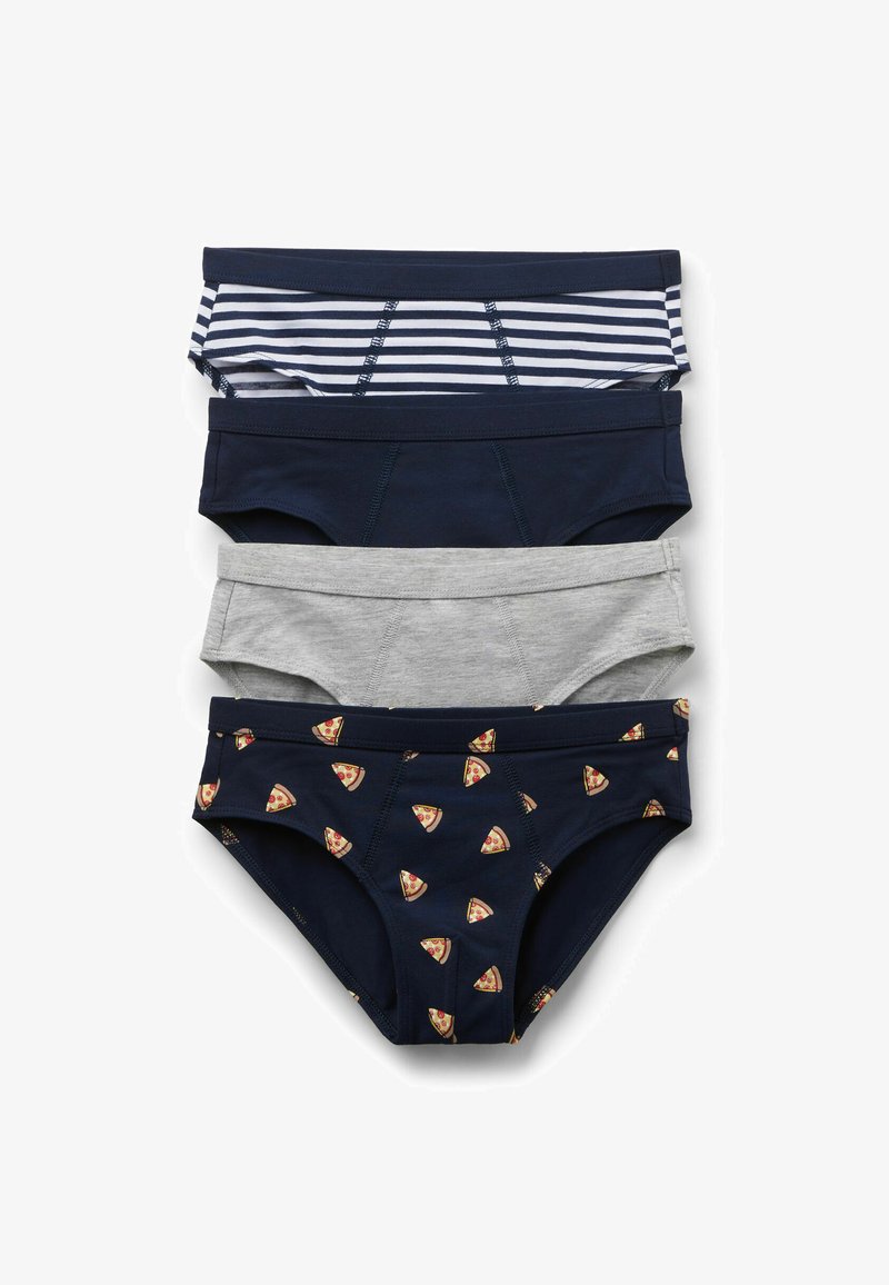 Cuatro pares de ropa interior femenina: rayas azul marino, azul marino sólido, gris y azul marino con patrón de pizza. Hechos de una mezcla de algodón suave y elástica.