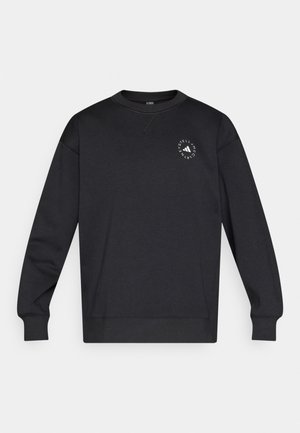 Czarna bluza z długimi rękawami, okrągłym dekoltem i małym okrągłym białym logo na lewej piersi. Gładka faktura tkaniny, casualowy design.