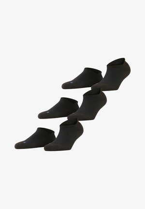 Black ankle socks made of soft fabric. Design features a low-cut style with a reinforced toe and heel. Small blue logo accents.