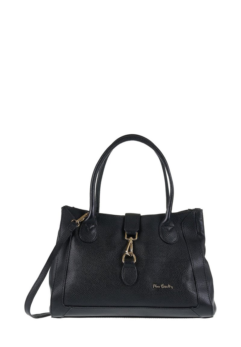 Borsa a mano di pelle nera con superficie texture, manici superiori doppi, chiusura con zip e dettagli in hardware dorato. Presenta una tracolla removibile.