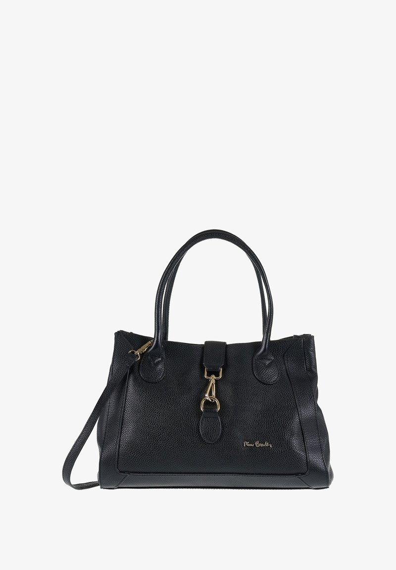 Borsa a mano di pelle nera con superficie texture, manici superiori doppi, chiusura con zip e dettagli in hardware dorato. Presenta una tracolla removibile.